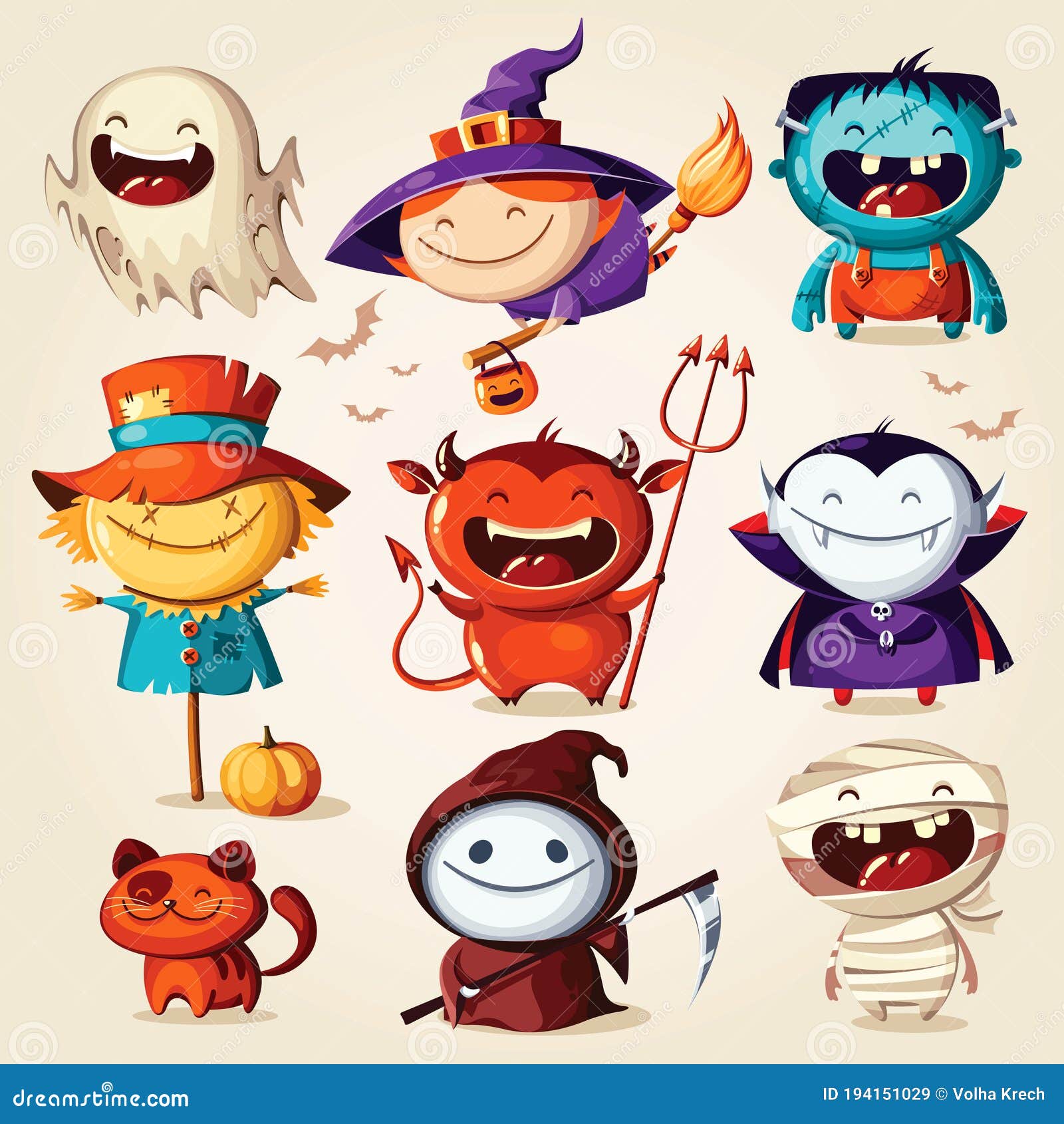 Personajes De Dibujos Animados De Halloween. Ilustración Vectorial  Ilustración del Vector - Ilustración de asustadizo, icono: 194151029