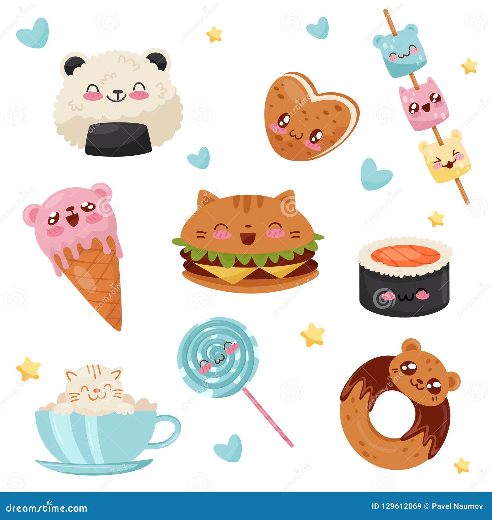 Personajes De Dibujos Animados Lindos Sistema, Postres, Dulces, Ejemplo De  La Comida De Kawaii Del Vector De Los Alimentos De Pre Ilustración del  Vector - Ilustración de sushi, almuerzo: 129612069