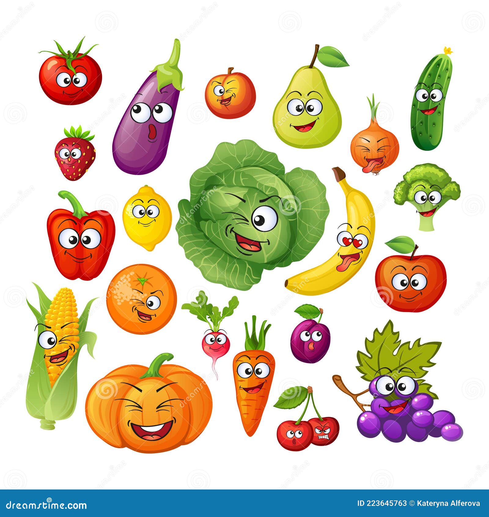 Personajes De Dibujos Animados Sobre Frutas Y Verduras. Emoticonos De Frutas  Y Verduras. Comida Vegana Ilustración del Vector - Ilustración de bebida,  calabaza: 223645763