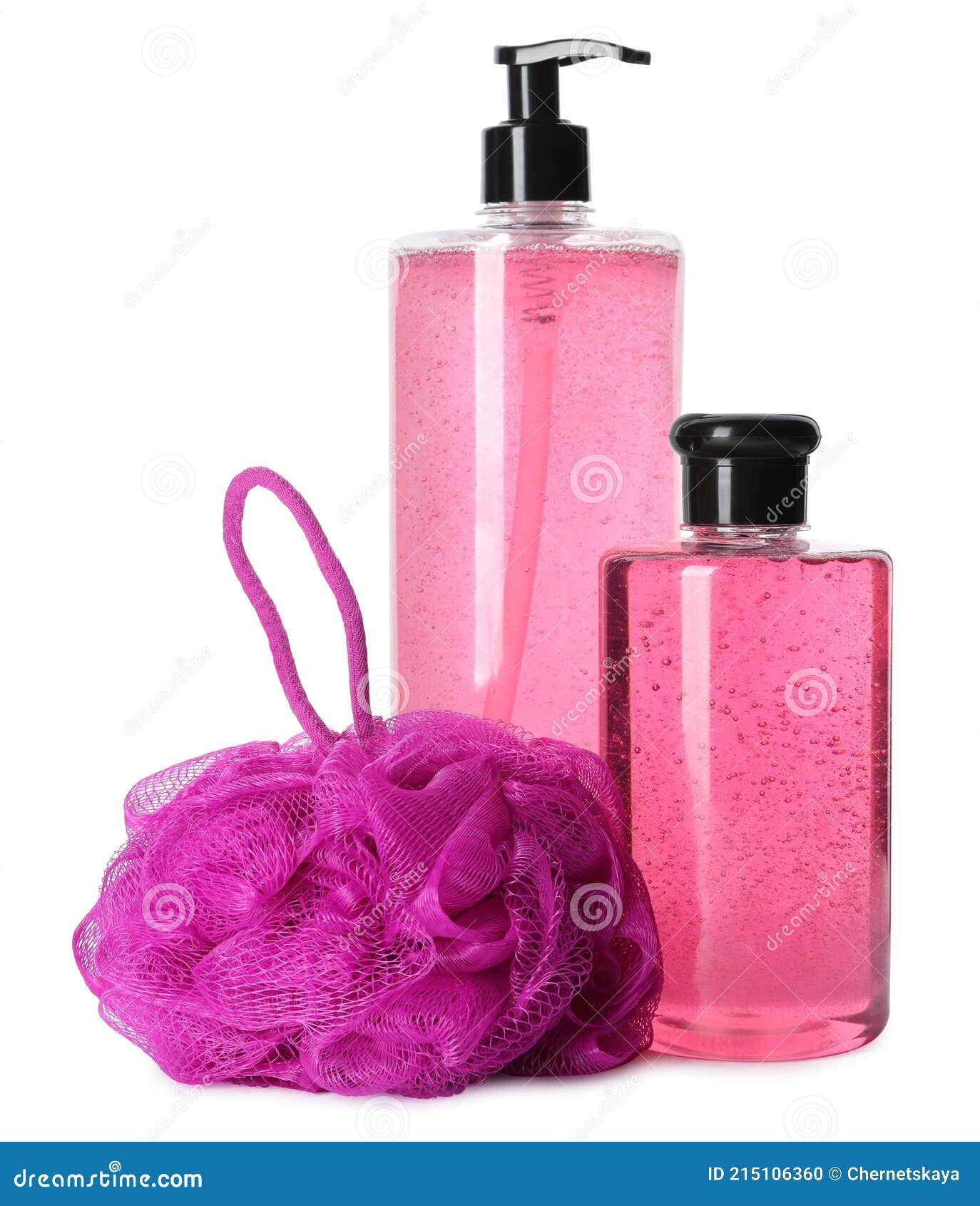 Personal Hygiene Products and Shower Puff on White Background Stock