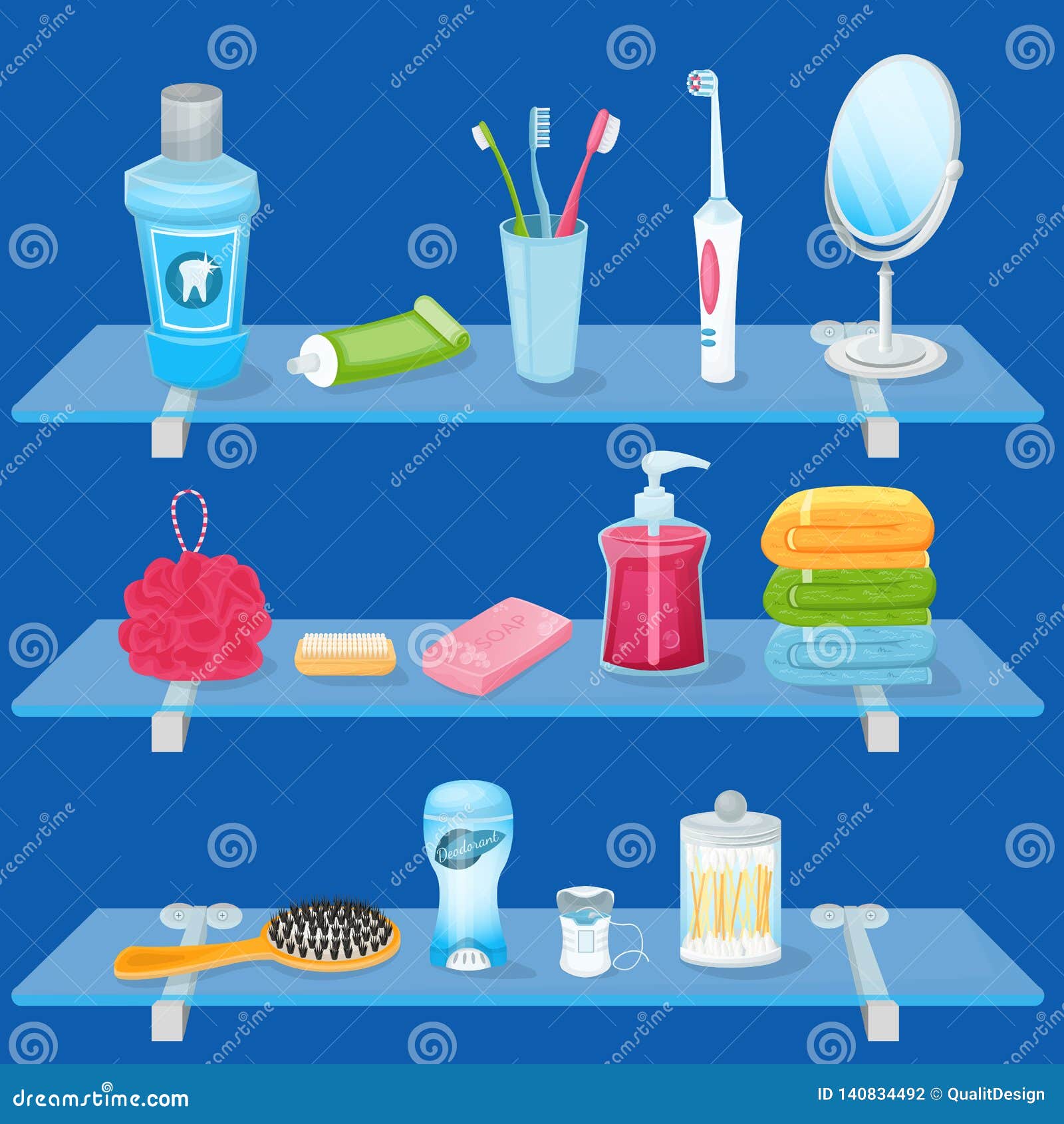 personal hygiene supplies.  . bathroom glass shelves with soap, toothbrush, toothpaste and hand towels