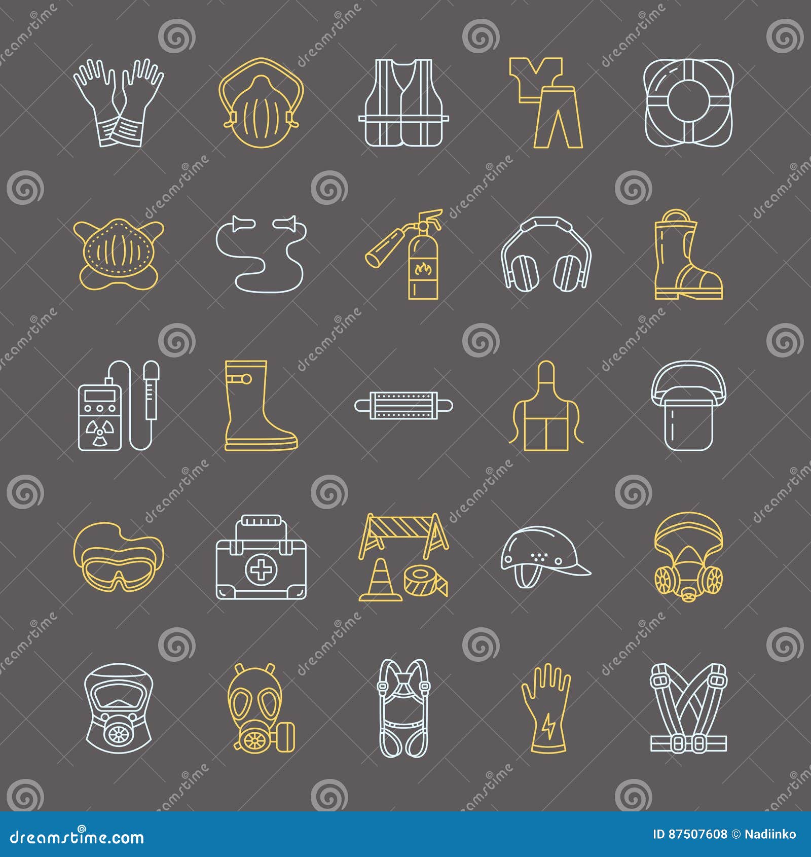 personal protective equipment line icons. gas mask, ring buoy, respirator, bump cap, ear plugs and safety work garment