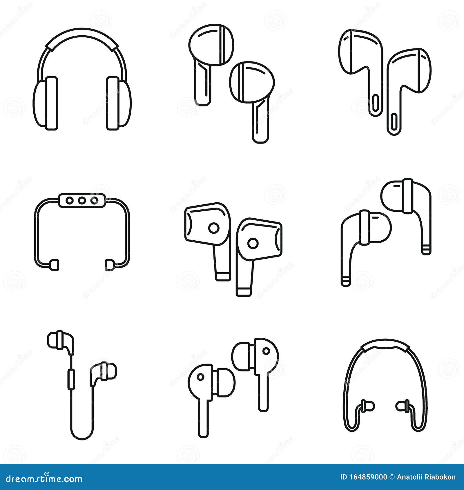 Personal Wireless Earbuds Icons Set, Outline Style Stock Vector