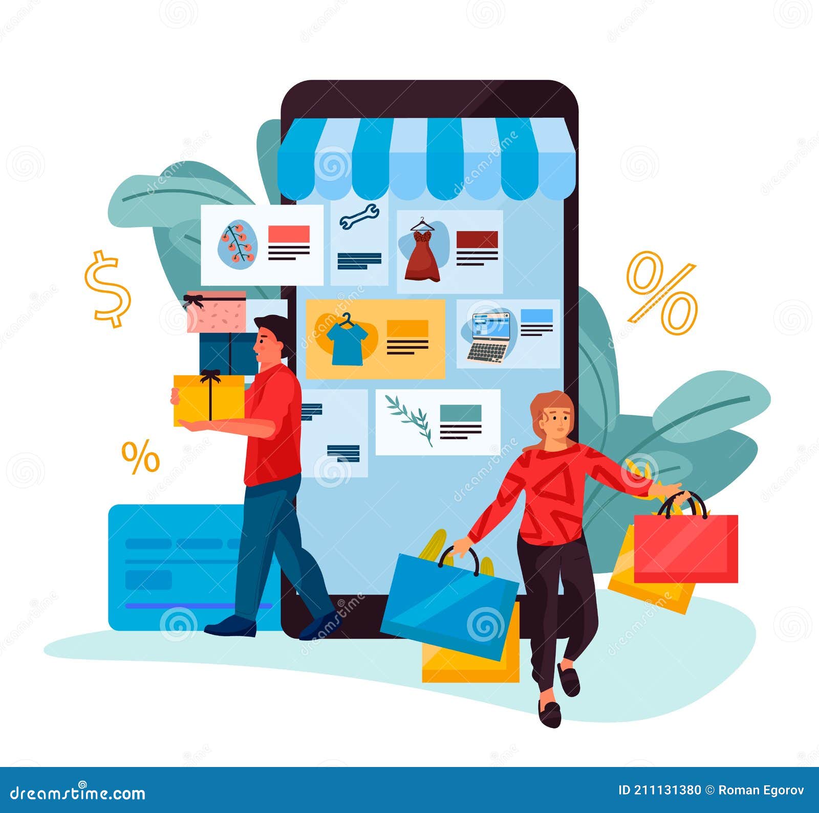 Personas Comprando. Caricatura Hombre Y Mujer Comprar Ropa Y Electrónica En La Tienda En Línea. Aplicación Móvil Con Posibilidad del Vector - Ilustración de pantalla, regalo: 211131380