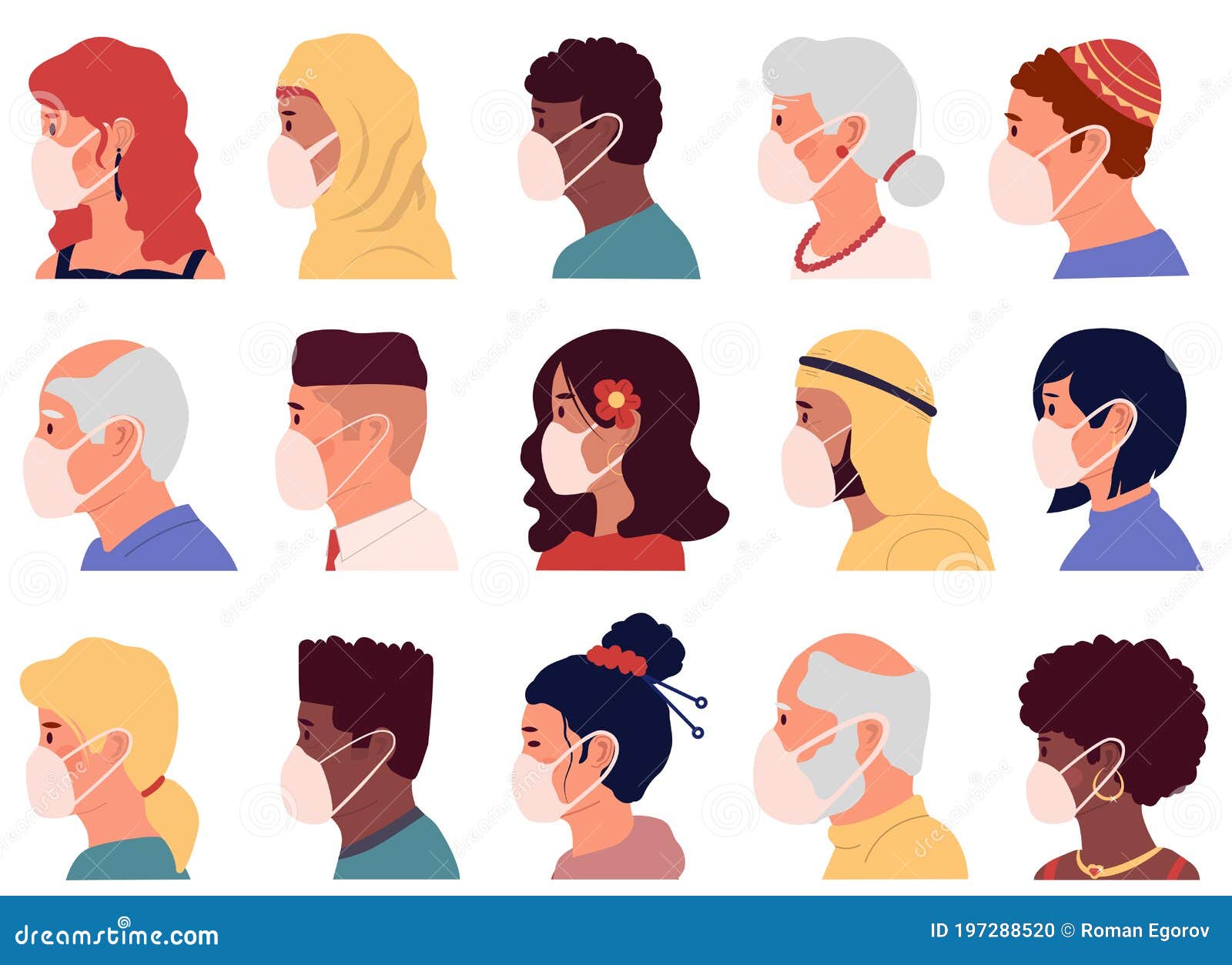 Personas Con Avatares De Mascarillas Retratos De Perfil De Dibujos Animados  De Personajes Masculinos Y Femeninos, Prevención Del Ilustración del Vector  - Ilustración de hombre, multicultural: 197288520