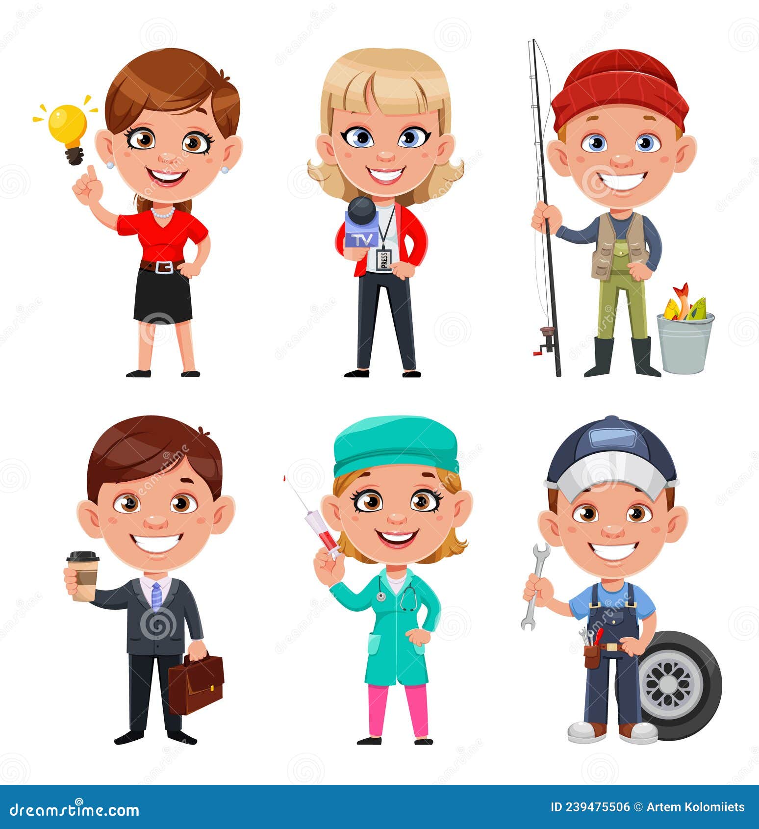 Personas De Diferentes Ocupaciones. Personajes Lindos De Dibujos Animados.  Ilustración del Vector - Ilustración de pescador, mantenimiento: 239475506
