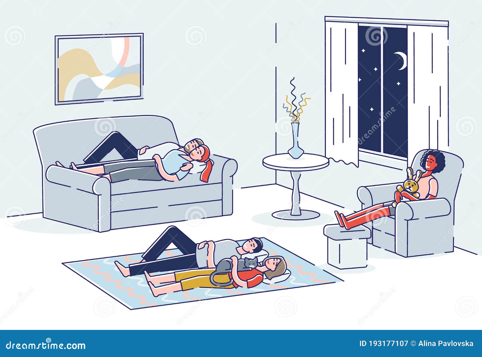 Personas Durmiendo En La Sala De Estar. Grupo De Dibujos Animados Echando  Una Siesta En El Sofá En El Sillón Y En El Suelo Ilustración del Vector -  Ilustración de persona, historieta: