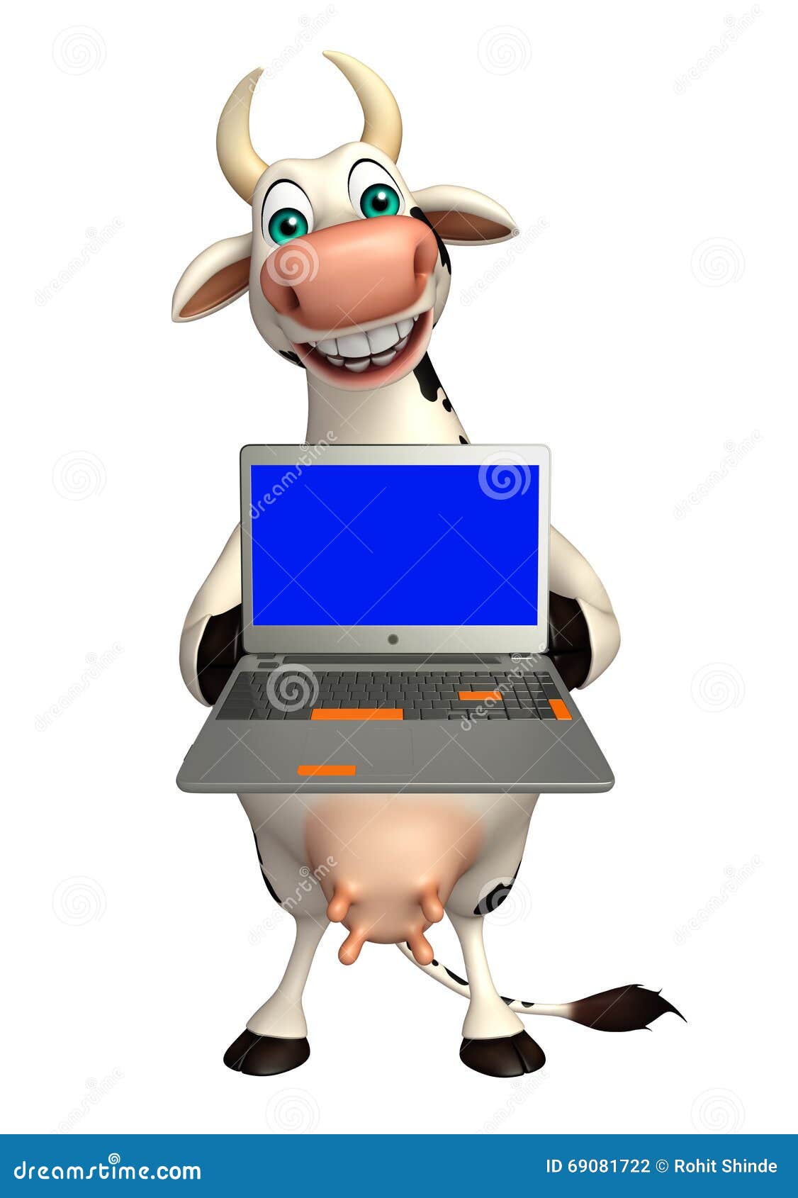 Personnage De Dessin Animé Mignon De Vache Avec Lordinateur