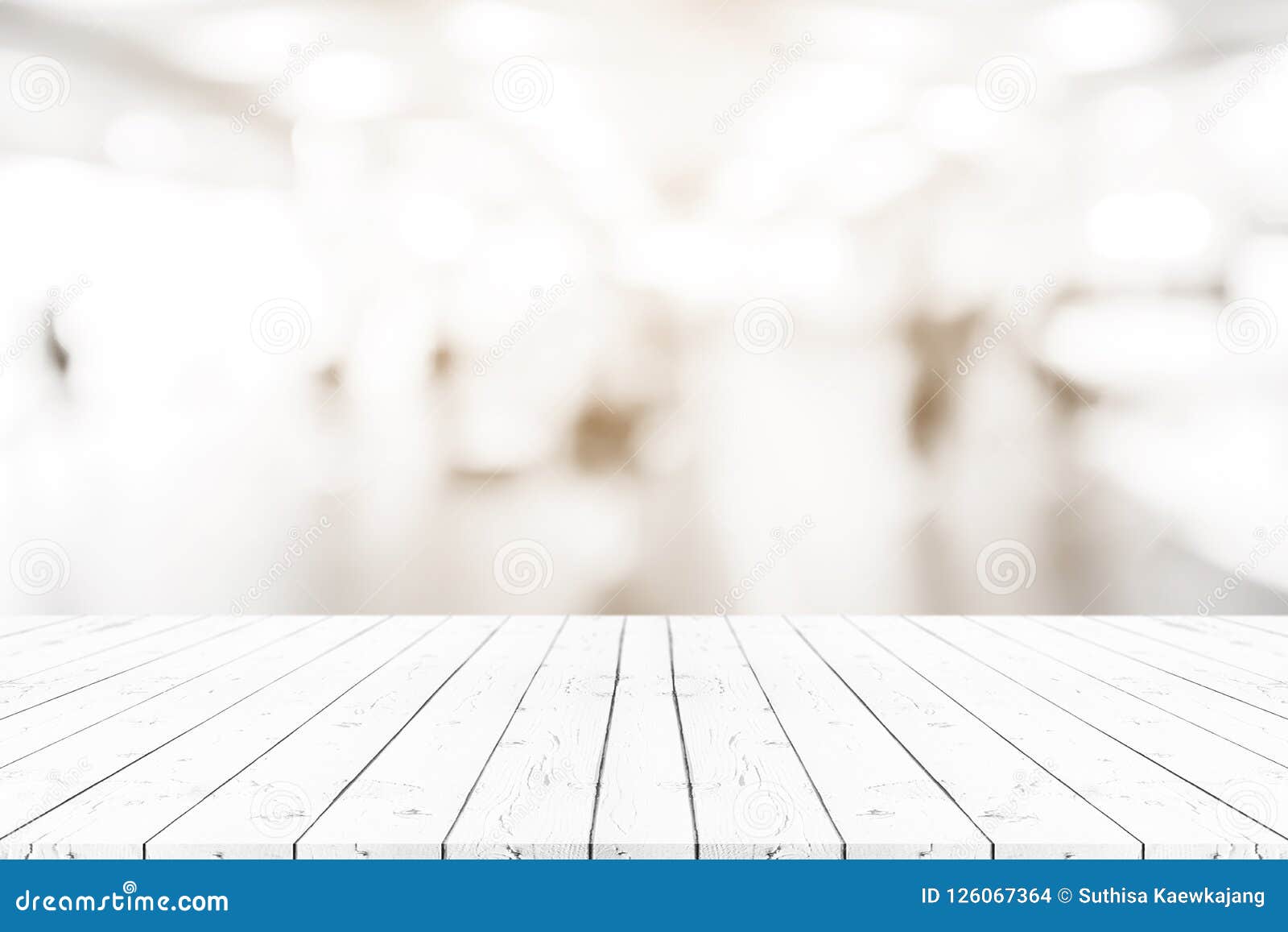 Perspective Empty White Wooden Table On Top Over Blur Background Stock
