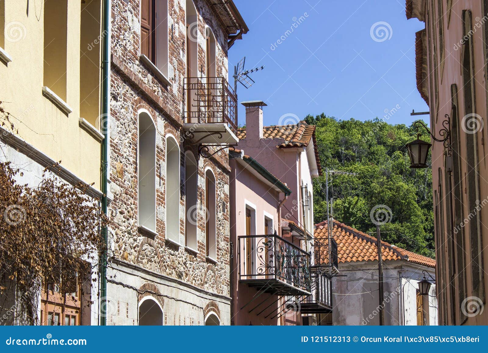 perspective shot of traditional street in agiasos at lesvos