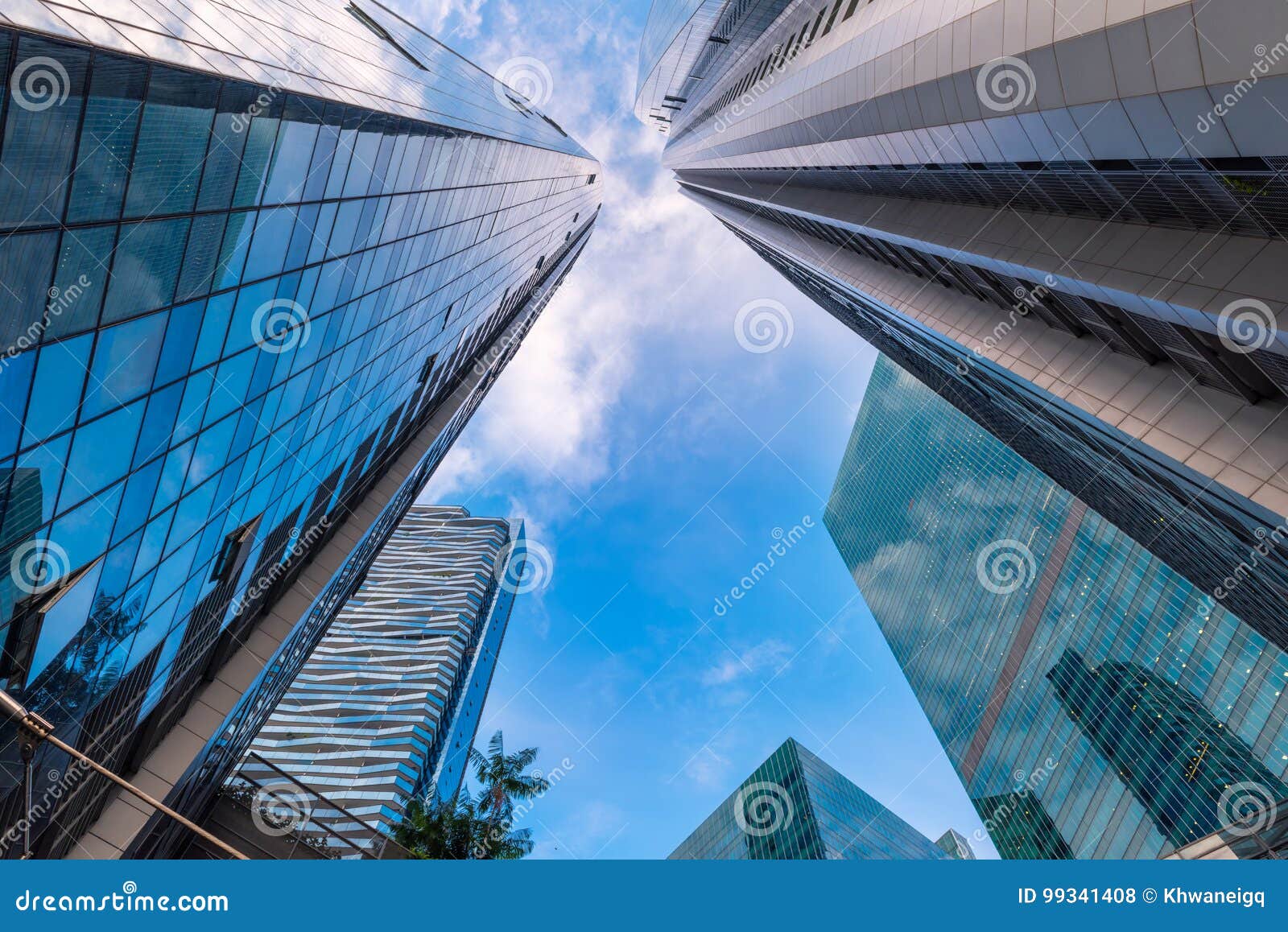 perspective of skyscrapers tower and business building at low ang