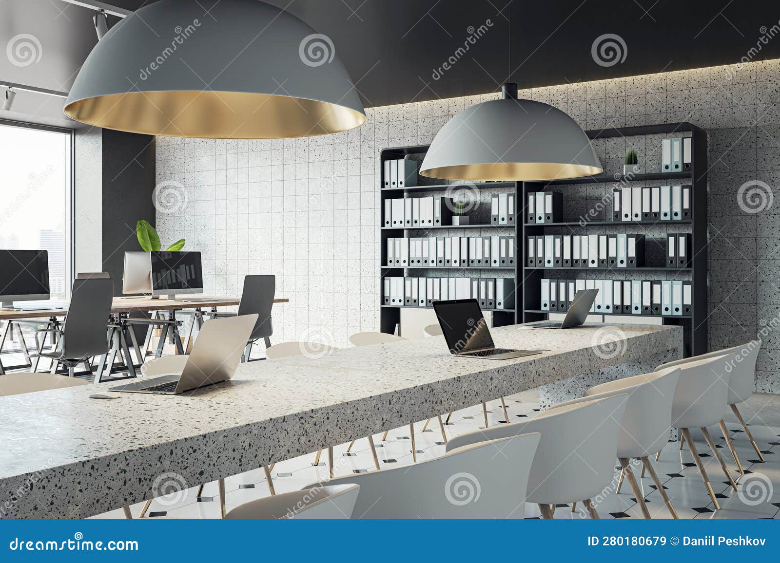 Perspective View of an Open Office with Desks, Computers, a Concrete