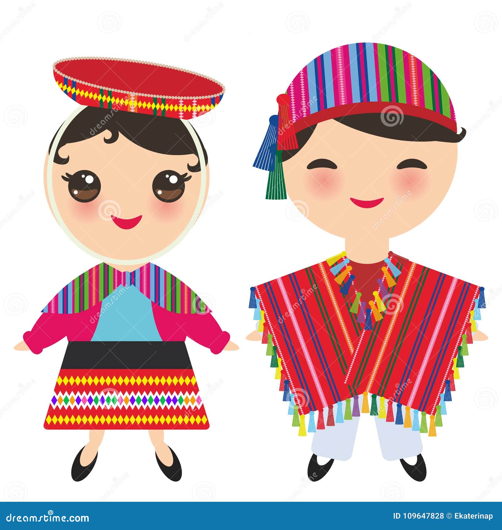 peruvian boy and girl in national costume and hat. cartoon children in traditional dress  on white background. 