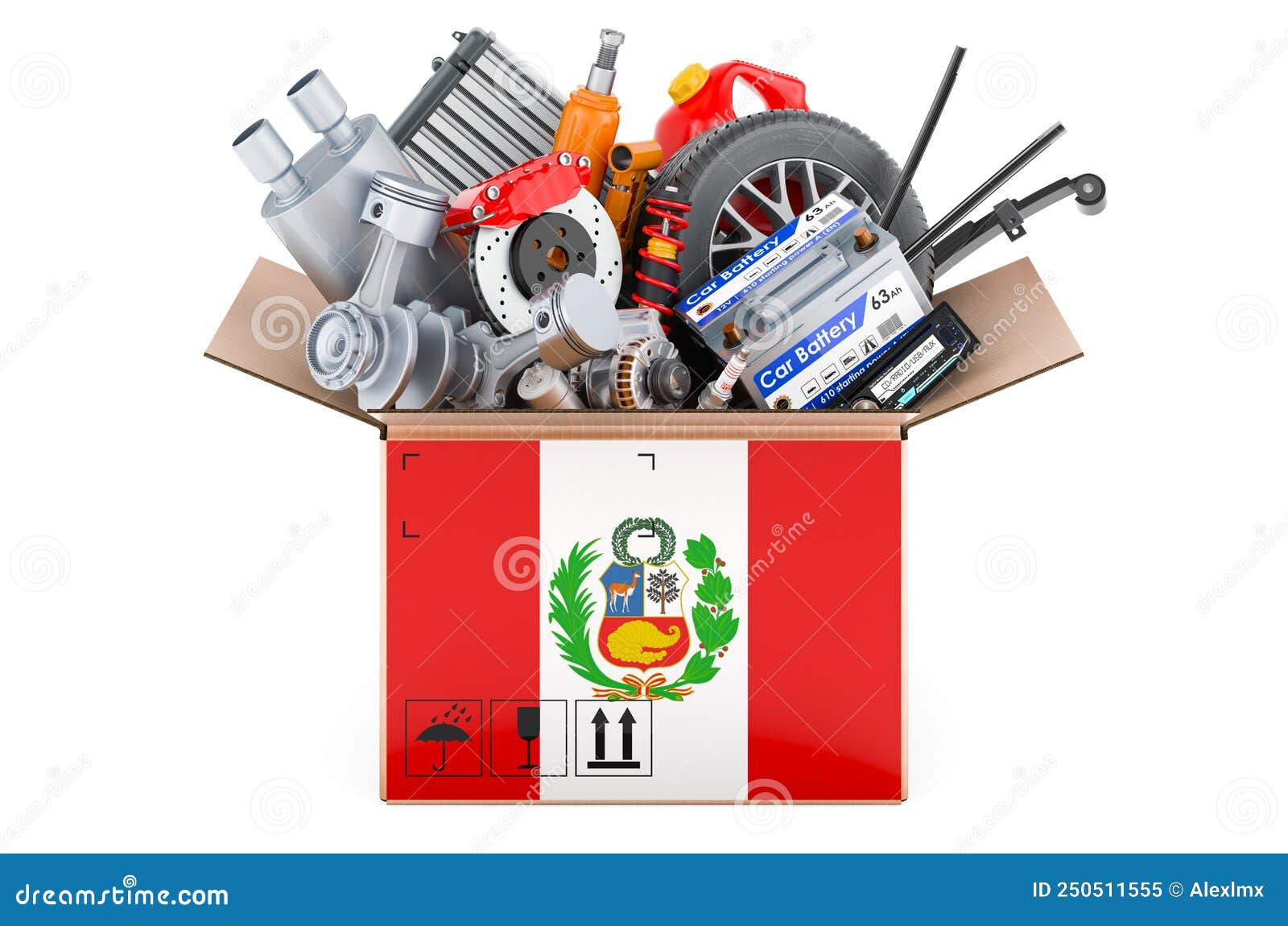 Peruvian Flag Painted on the Parcel with Car Parts. 3D Rendering Stock