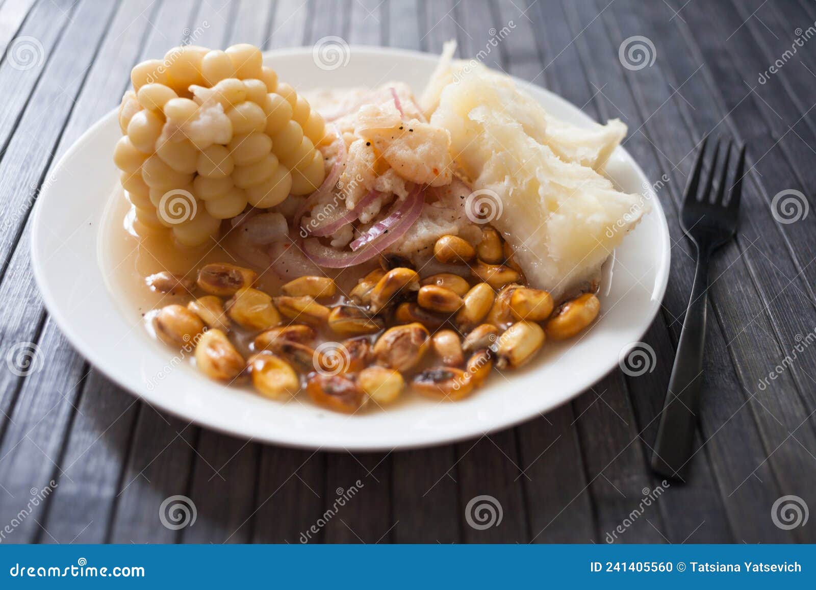 Peruvian Traditional Dish.fish Ceviche with Yuka and Corn Stock Photo