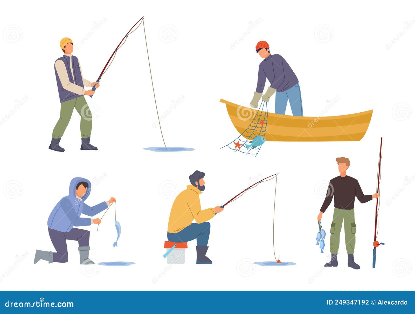 Pesca. Personajes Sentados Con Barras Y Pescando Personajes De