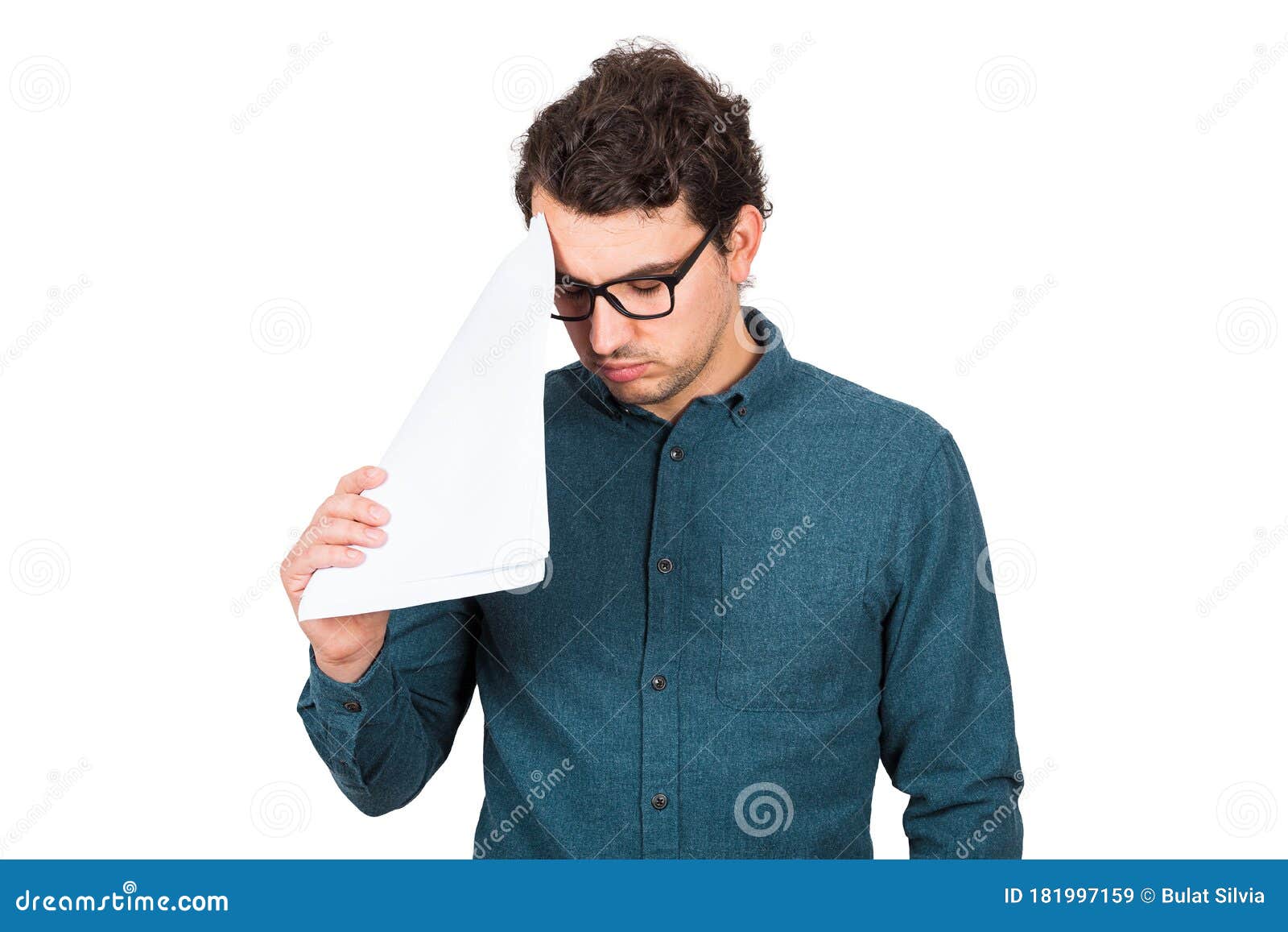 pessimistic businessman looking down upset, as holds different paper documents  on white background. confused business