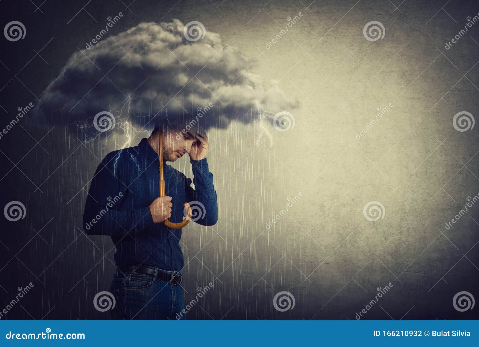 pessimistic man, standing under rain, suffering anxiety as holding an umbrella thunderstorm cloud over head. concept of memory