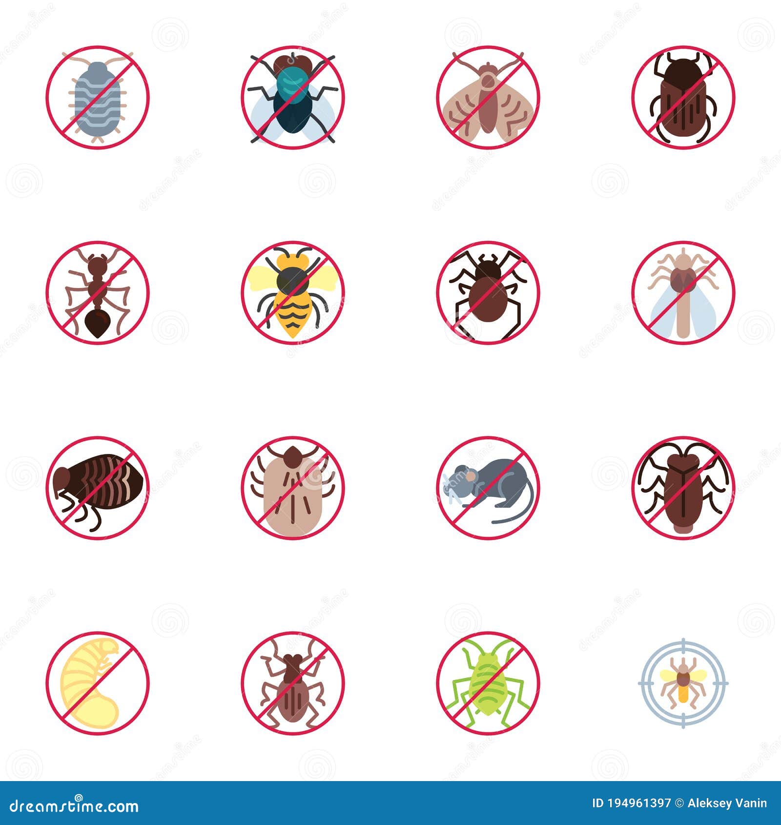 pest animals prohibition signs, flat icons set