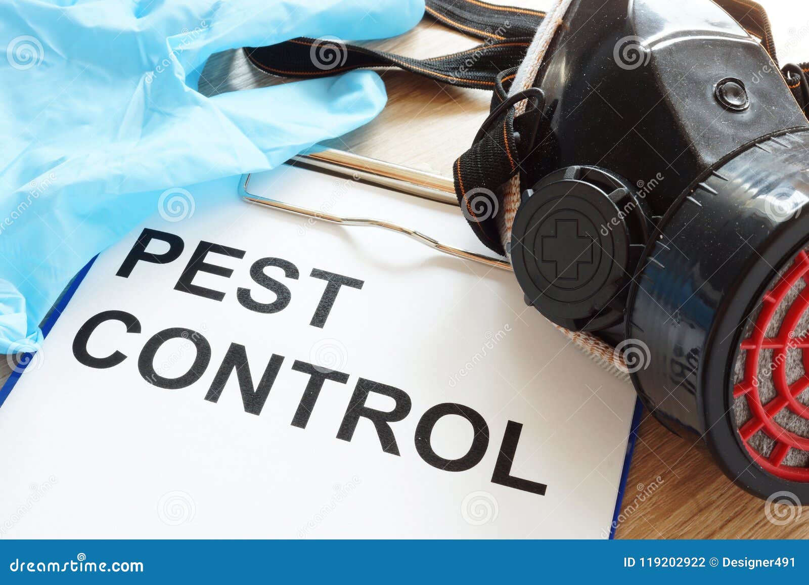 pest control. clipboard, respirator and gloves.
