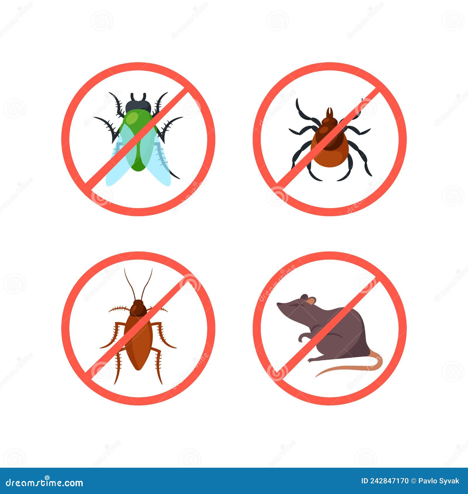 pest control prohibition signs or icons with beetle, cockroach, rat or mouse wand, fly and tick in crossed red circles