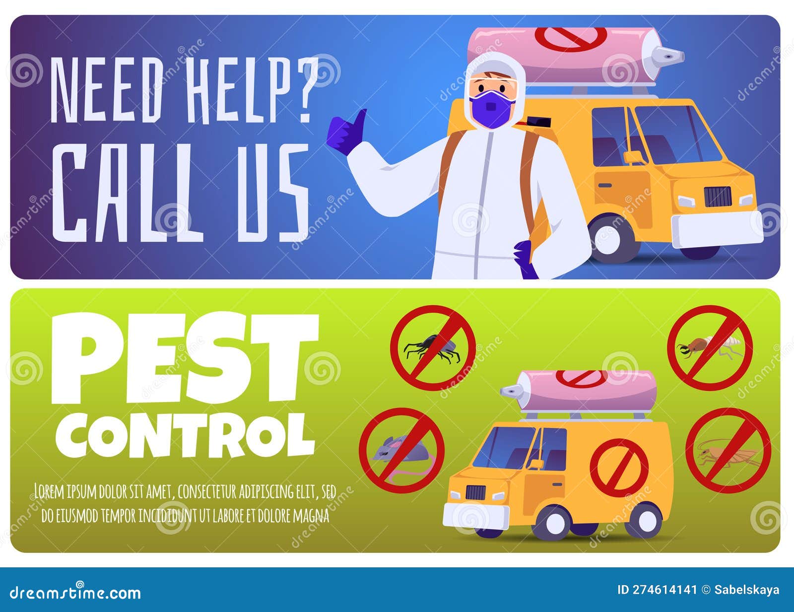 Pest Control Service Flyers or Horizontal Banners Bundle, Vector
