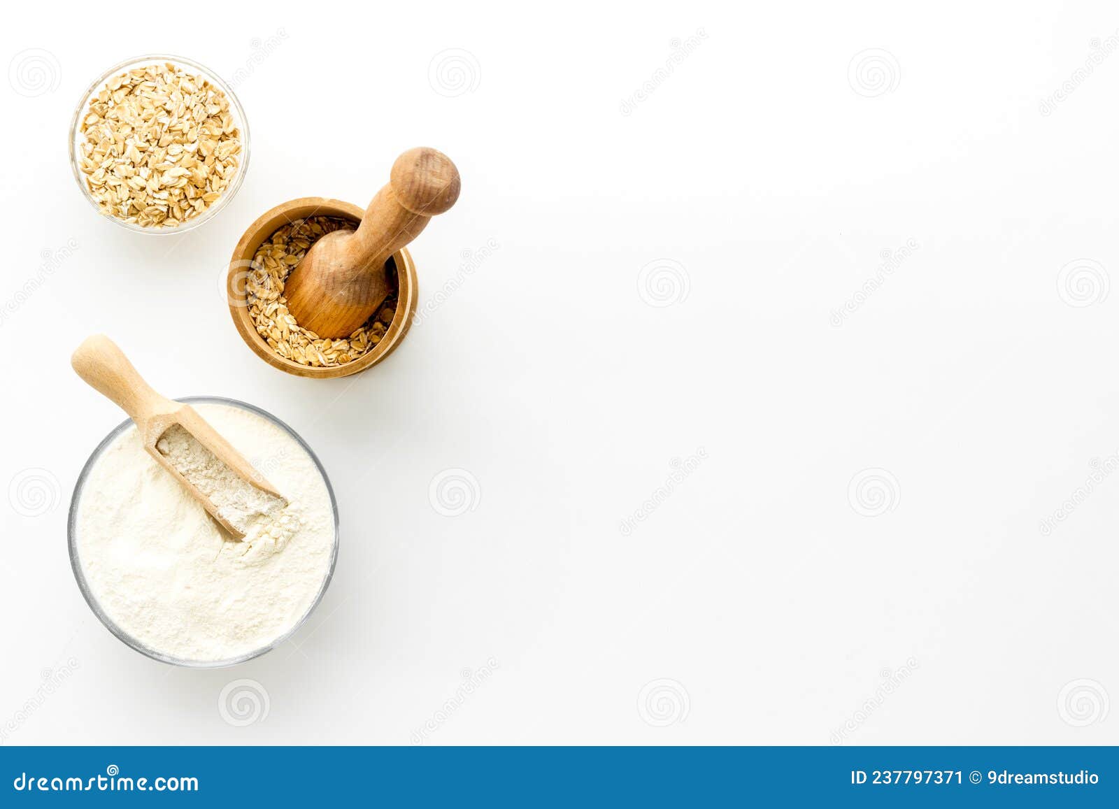 Pestle Oat Flour Grains with Mortar on Kitchen Table Stock Image