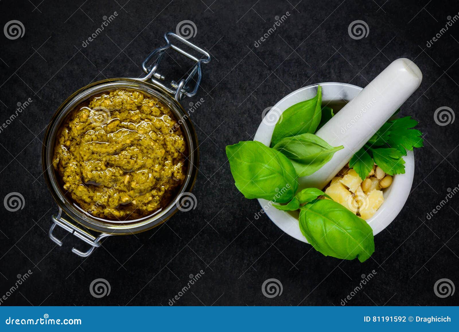 Pesto with Pestle and Mortar in Top View Stock Photo Image of parsley