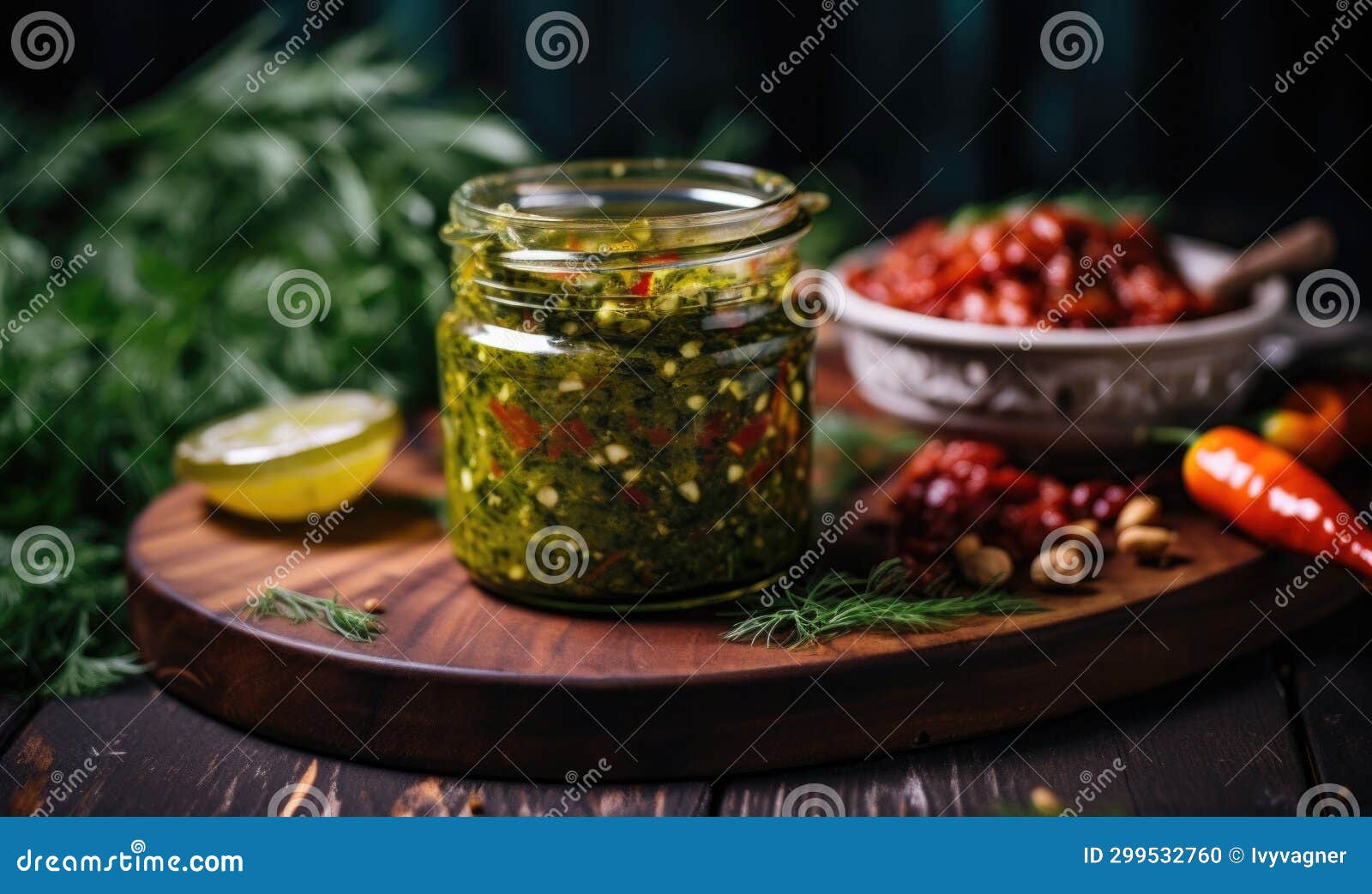 Pesto Sauce with Fresh Herbs and Spices on Dark Background Stock Photo