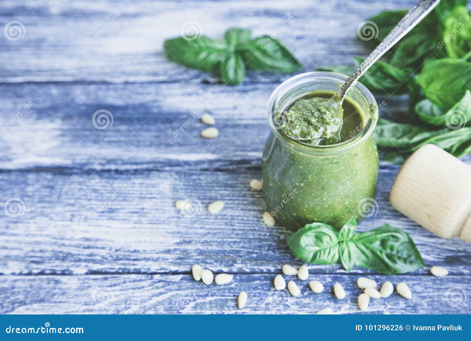 Pesto Sauce with Raw Ingredients. Basil Pesto Sauce Stock Photo Image