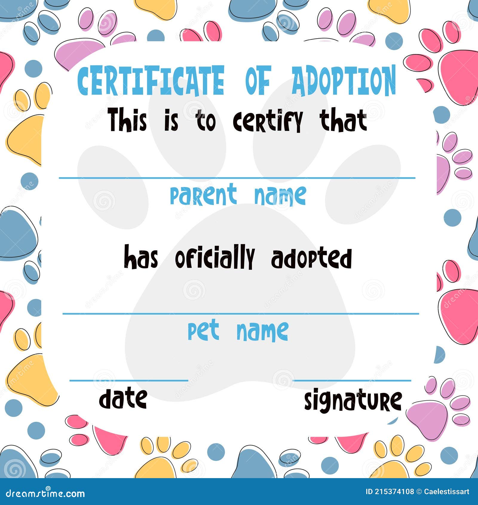 Pet Adoption Certificate Vector Template Design. Printable Page Throughout Pet Adoption Certificate Template