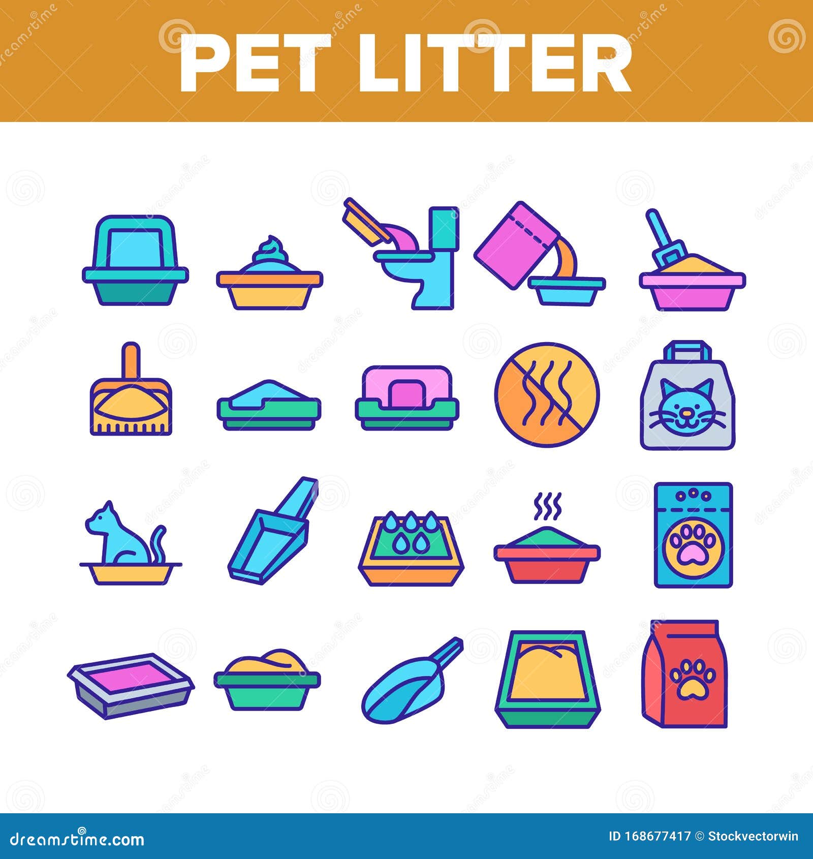 pet litter accessory collection icons set 