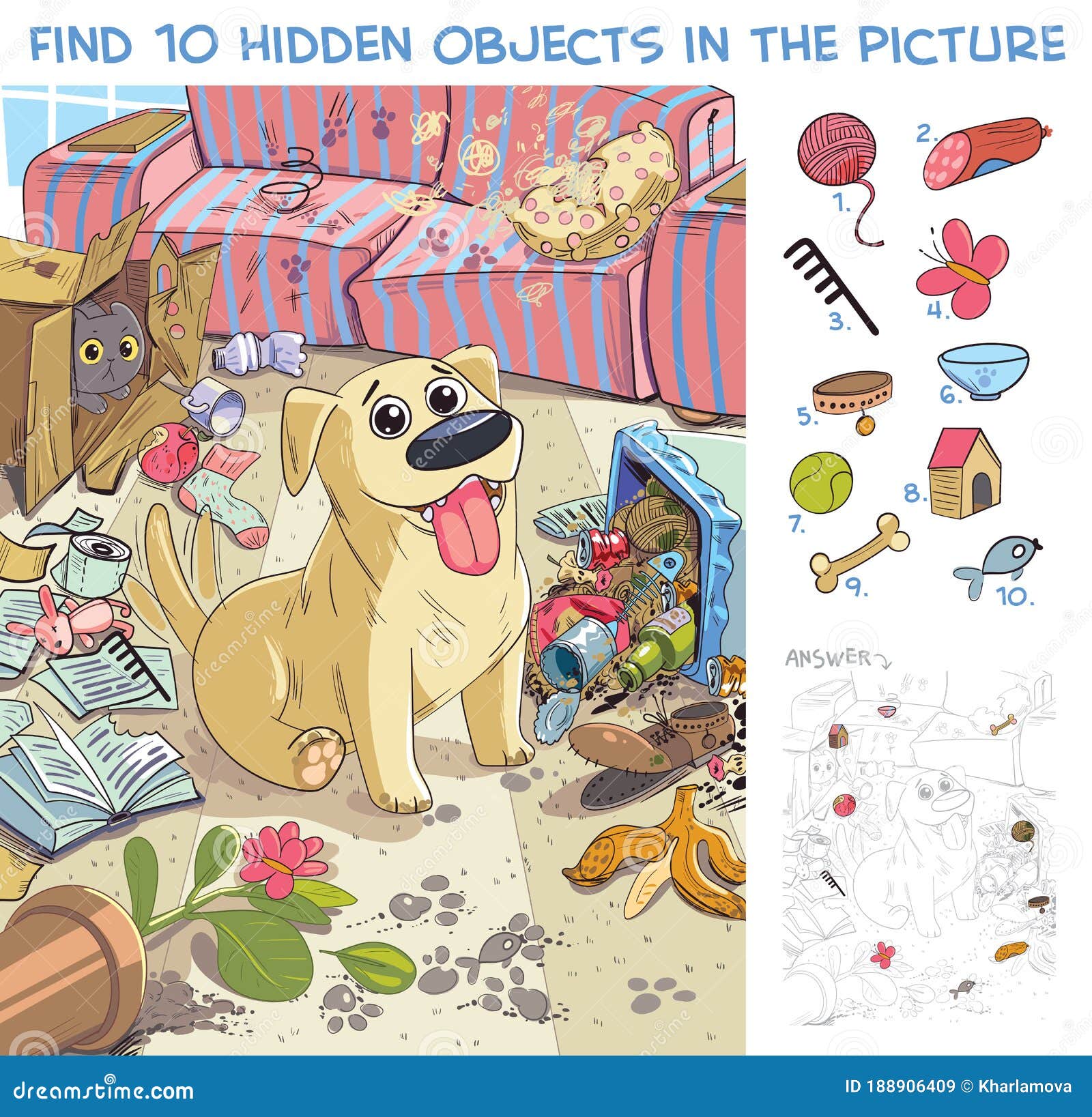 pet made a mess in the house. find 10 hidden objects