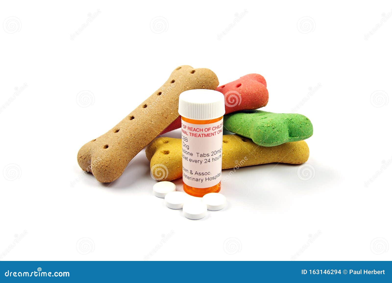 pet medication and pill container with colored dog bone treats