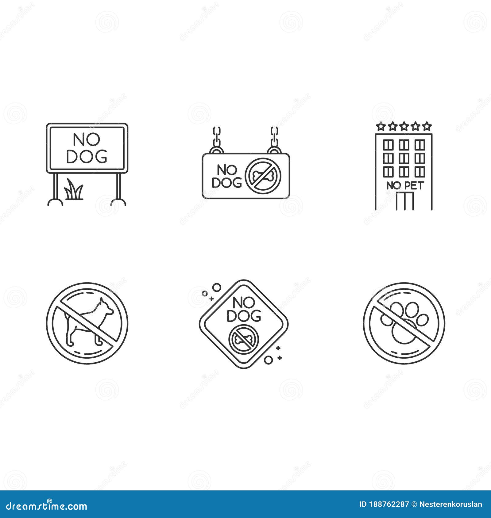 pet not allowed emblems pixel perfect linear icons set. four-legged friends banned and welcome areas. customizable thin