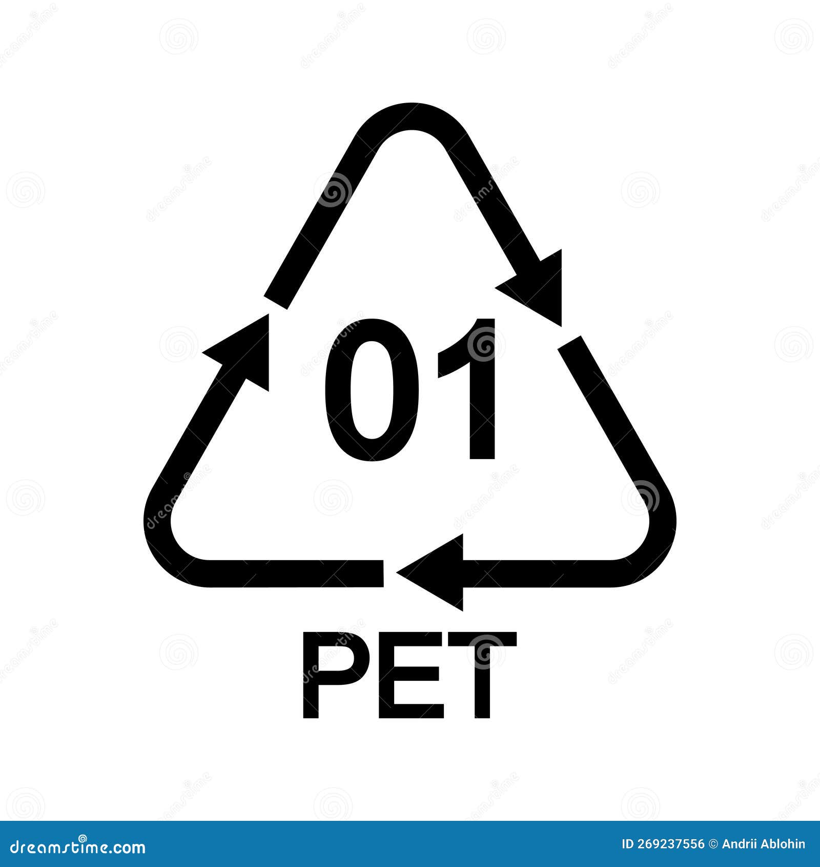 01 PET Recycling Sign in Triangular Shape with Arrows. Polyethylene Terephthalate Reusable Icon
