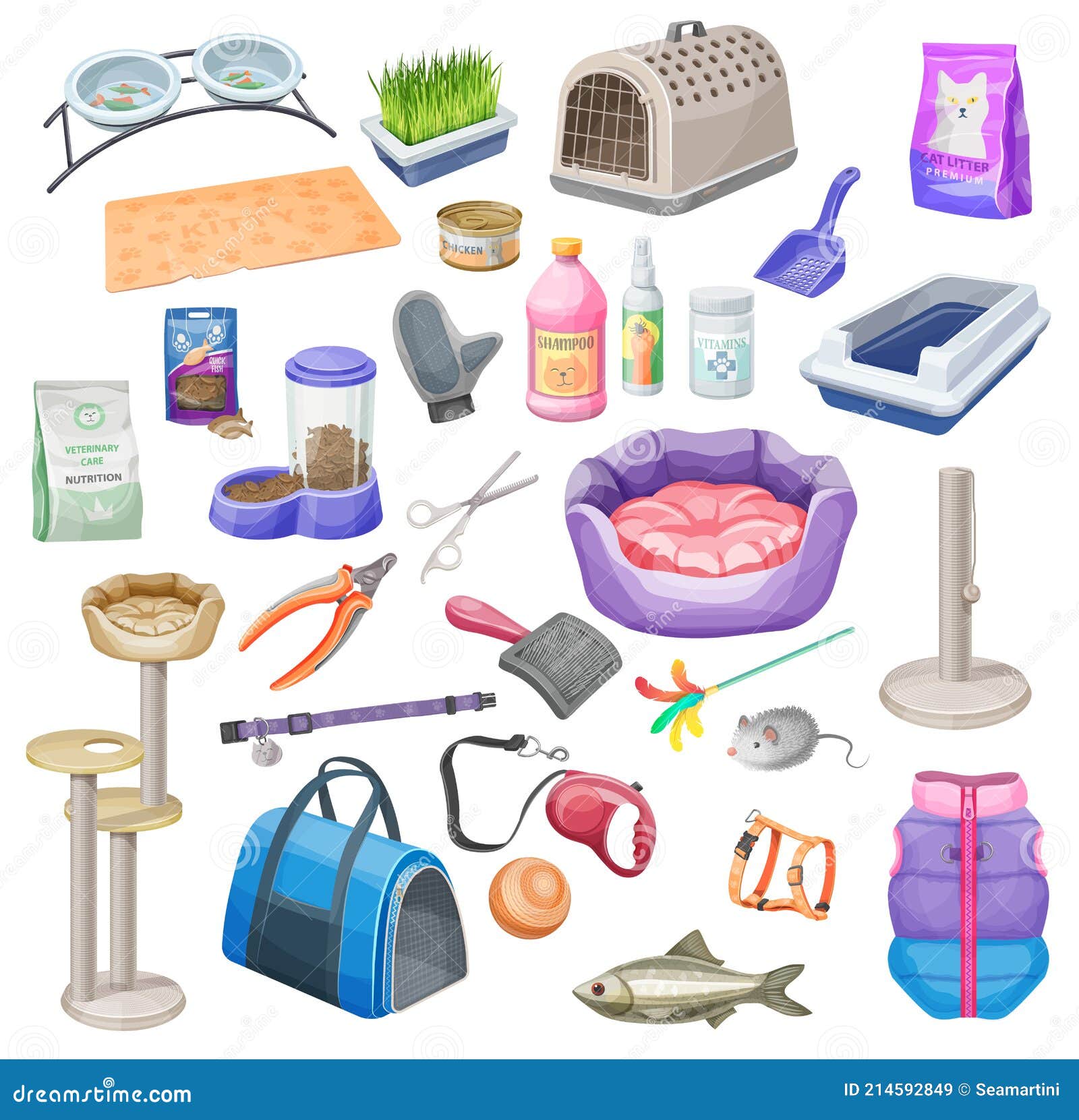 Pet Shop Supplies of Cat Animal Care Vector Set Stock Vector - Illustration  of bowl, comb: 214592849