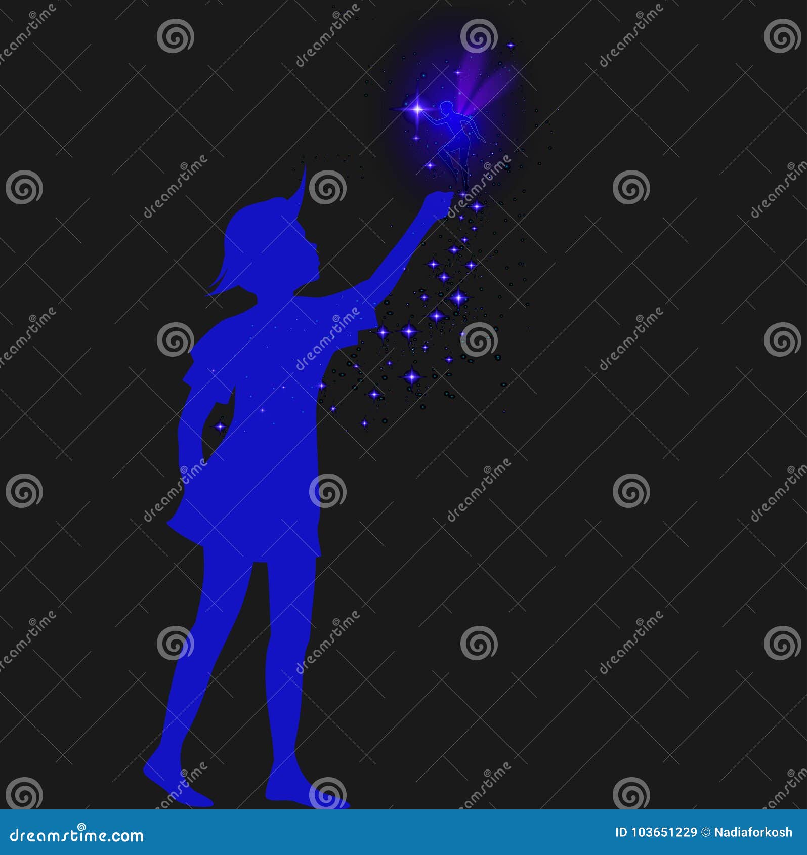 peter pan silhouette with fairy and blue sparckle,