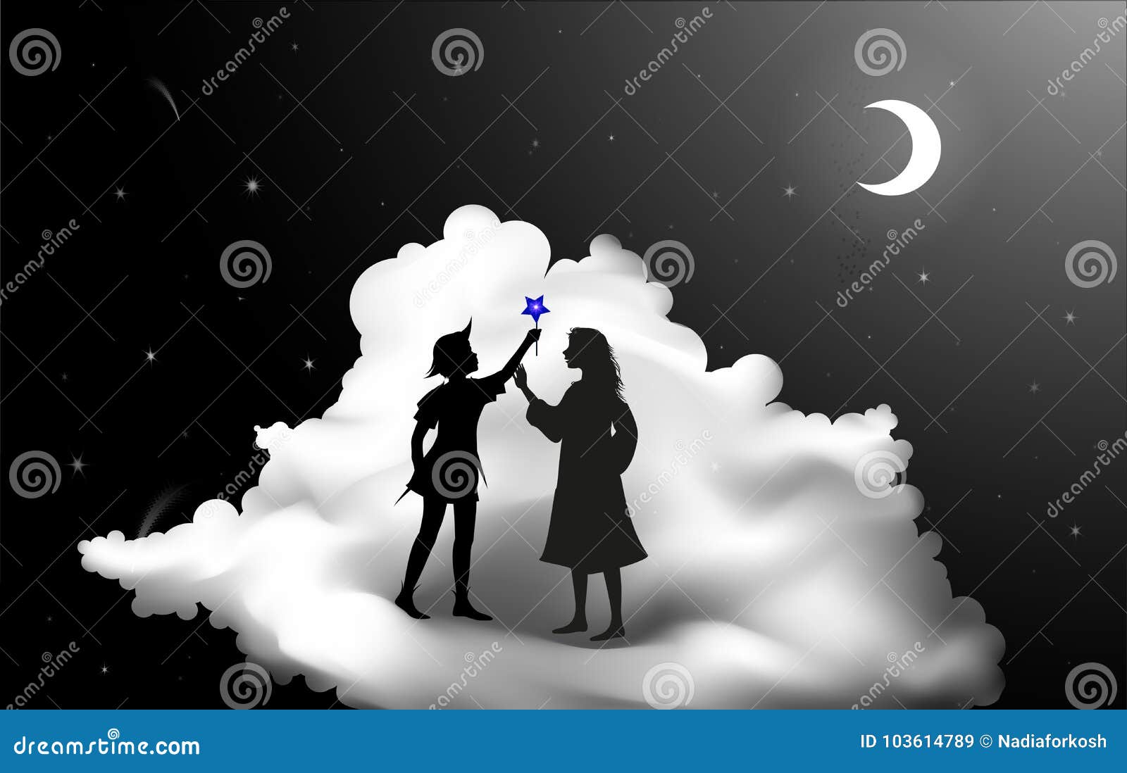peter pan story, peter pan and wendy standing on the cloud, fairy night,