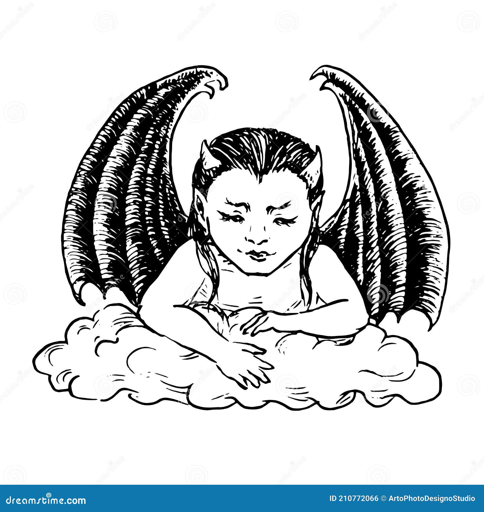 Petit Diable Mignon Bebe Assis Sur Le Nuage Et Regardant Vers Le Bas Vue De Face Ailes Noires Dessin Boise Illustration De Vecteur Illustration Du Dessin Enfants