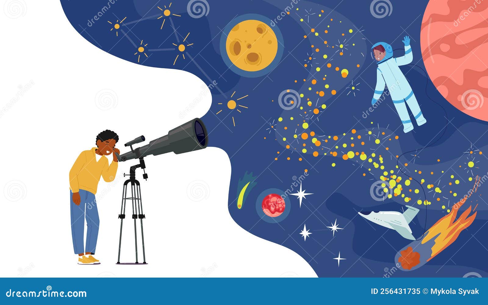 Petit Garçon Curieux Regardez Dans Le Télescope Enfant étudiant L'astronomie  En Regardant Les étoiles De Lune Planètes Dans Le Cie Illustration de  Vecteur - Illustration du gens, observation: 256431735