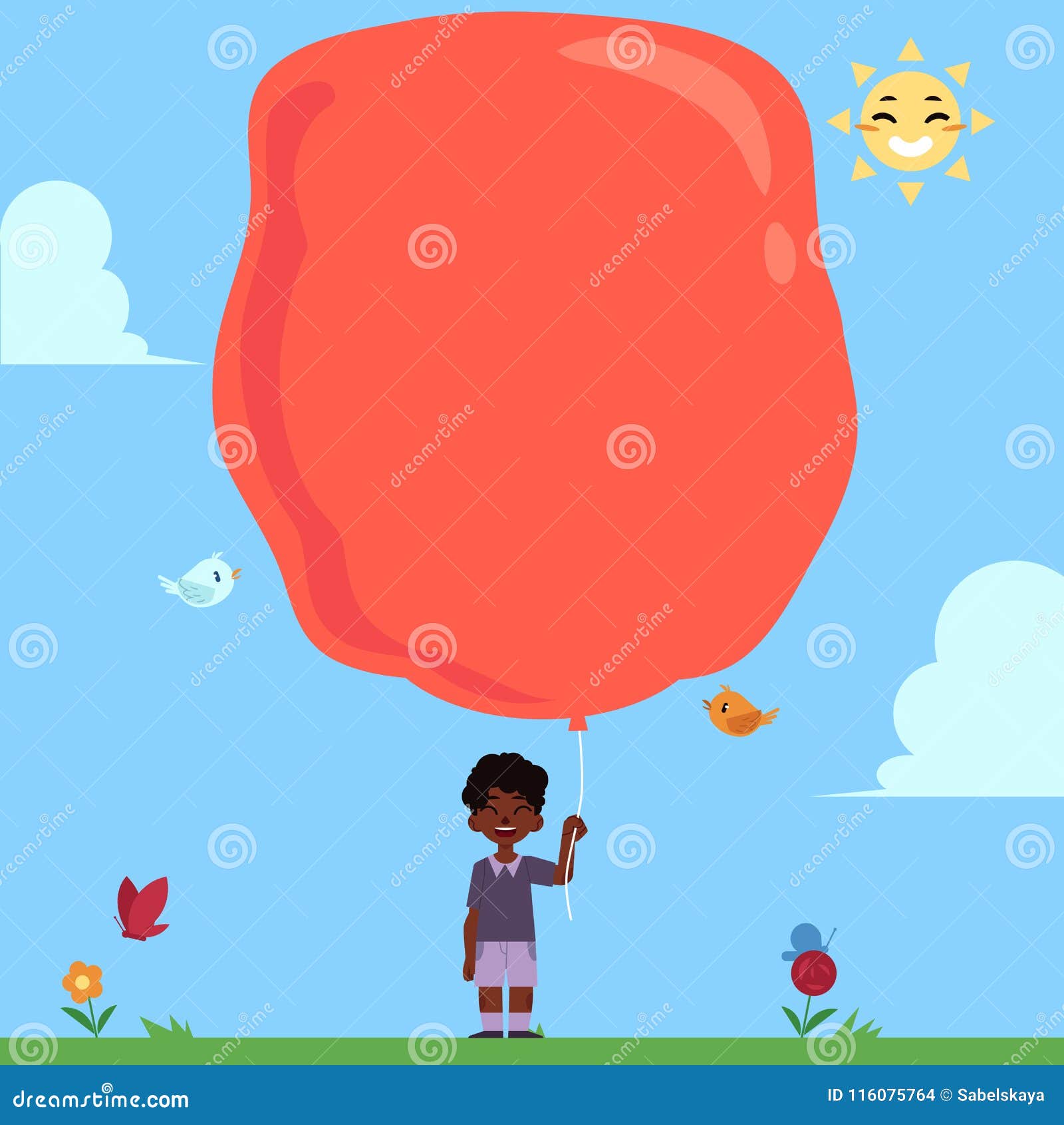 Petit garçon africain avec le ballon rouge extrêmement grand pour l'espace de copie sur le fond de ciel bleu Enfant avec le ballon dans le jour ensoleillé d'été, illustration colorée de vecteur de bande dessinée