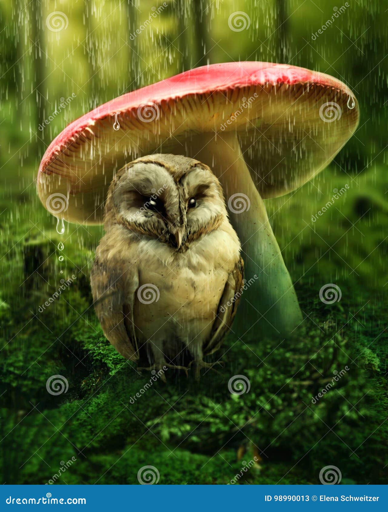 Une petite chouette s'abrite sous un champignon