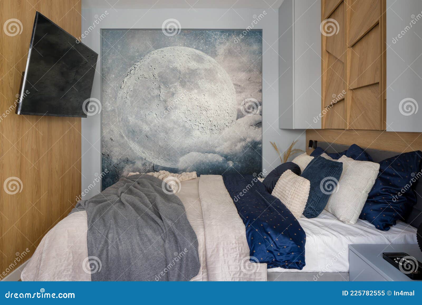Petite Chambre Avec Tv Et Poster Avec Lune Image stock - Image du chambre,  pièce: 225782555