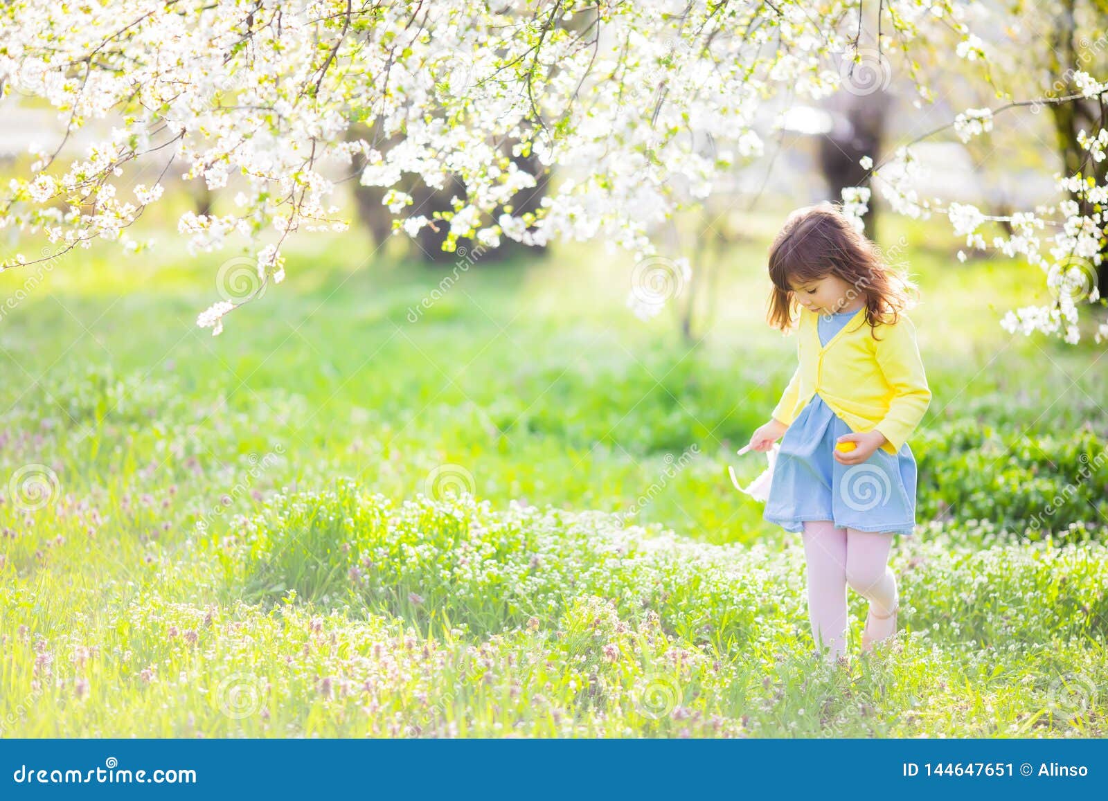 Adorable little girl sitting at the green grass playing in the garden on Easter egg hunt. Petite fille adorable jouant dans le jardin de floraison de cerise sur la chasse ? oeuf de p?ques, recherchant des oeufs dans l'herbe au jour d'avril de ressort