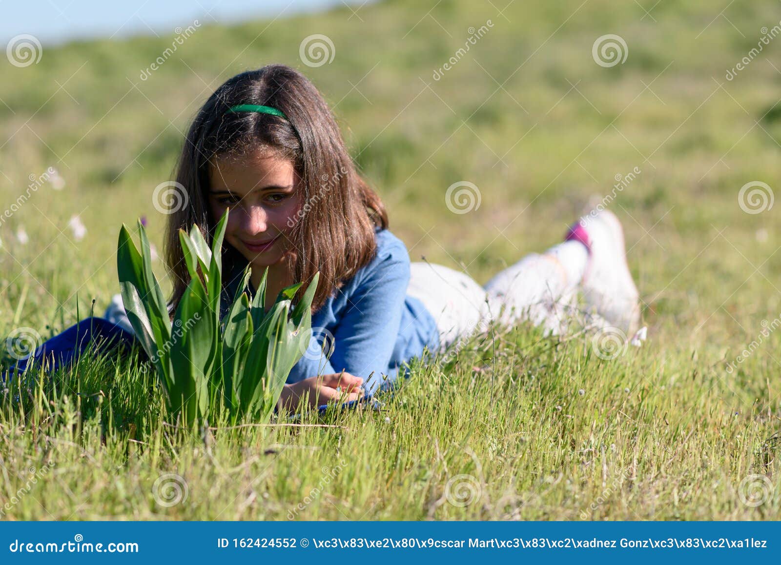 Petite fille allongée dans l'herbe (été 5-6 ans) Stock Photo