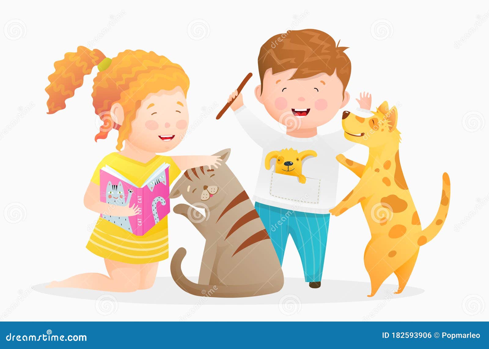 Petite Fille Tenant Une Lecture De Livre Sur Le Garcon De Chat Qui Joue Avec Son Chien Enfants Heureux Et Dessin Anime D Animaux Illustration De Vecteur Illustration Du Amour Exterieur
