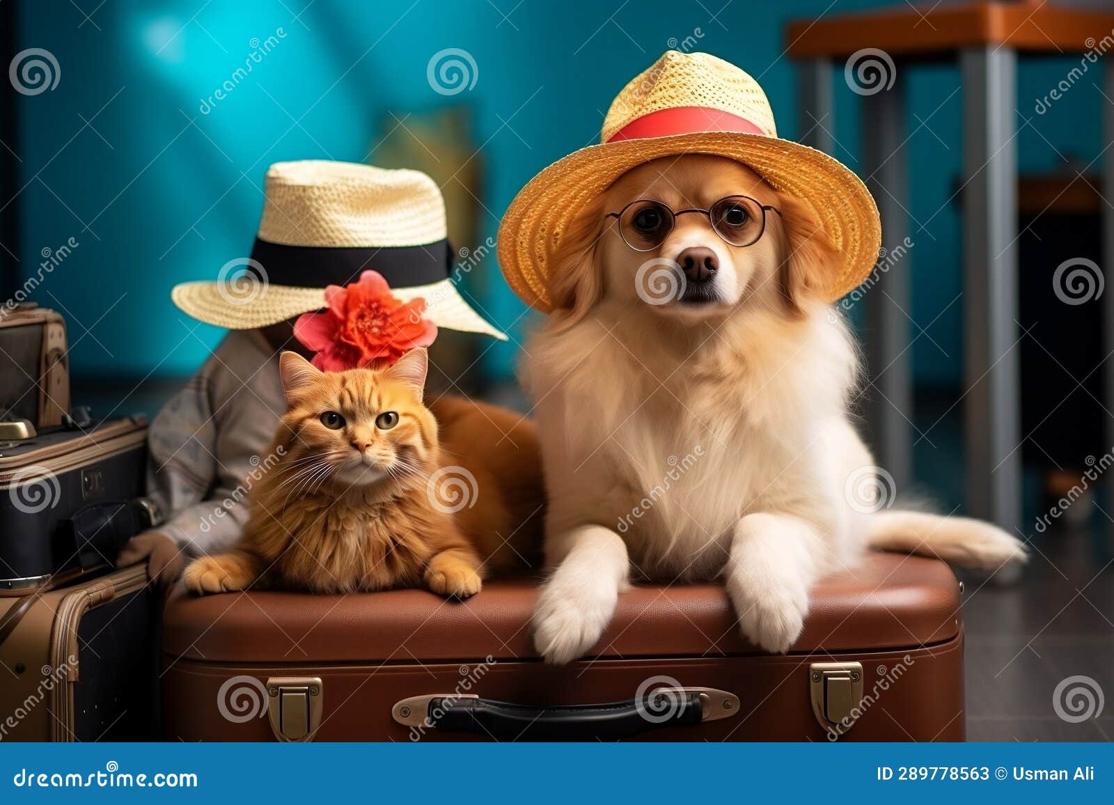 Pets in Panama Hats with a Suitcase. AI Stock Image Image of playful