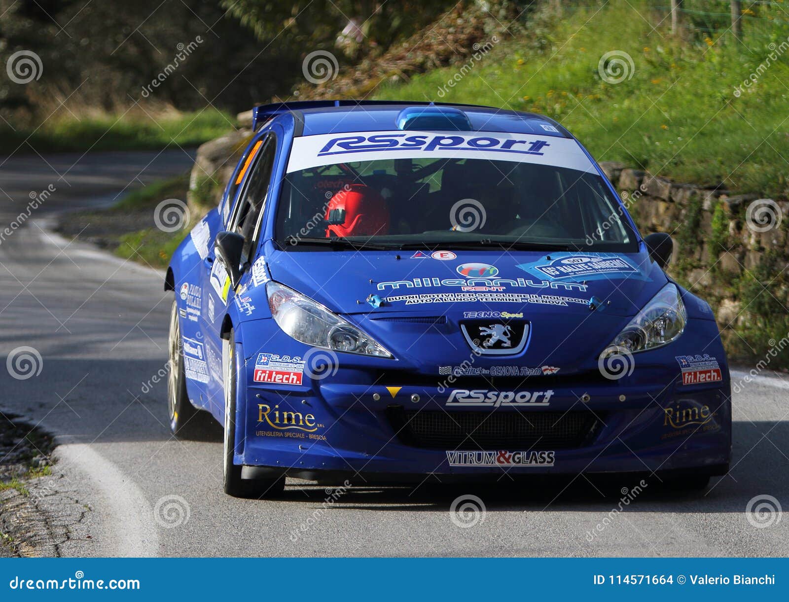 Peugeot 207 raceauto tijdens het ras. Peugeot 207 raceauto tijdens de 65ste Sanremo-Verzameling die in het Ligurian achterland op 13 en 14 2018 van April plaatsvond