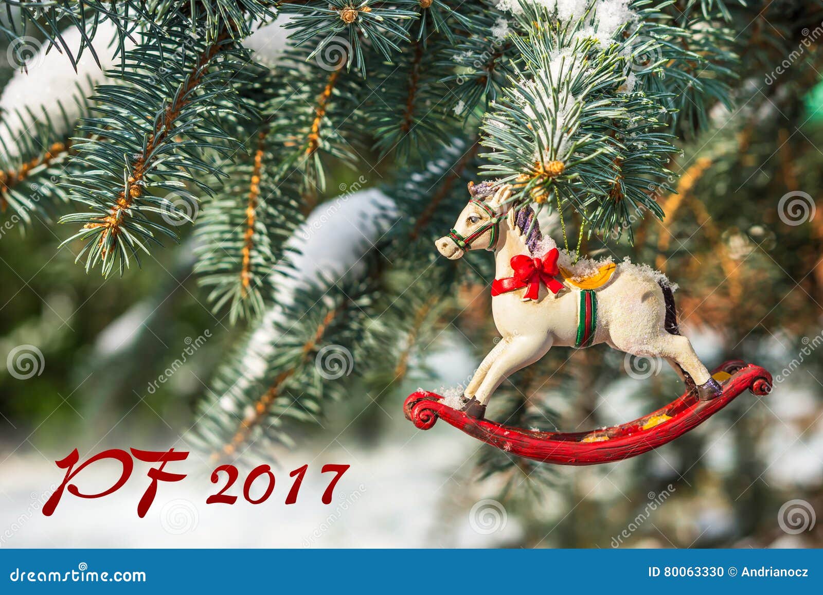PF 2017 Rocking Horse, Closeup of Christmas Tree Stock Photo Image
